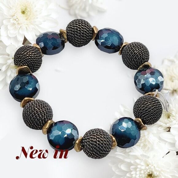 PERIWINKLE by BARLOW Blue Black Bead Stretch Gold Tone Bracelet New - Picture 4 of 7